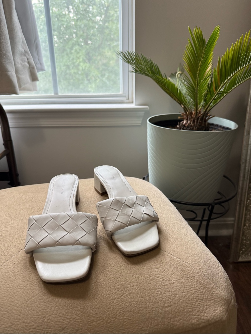 Marc Fisher White Woven Leather Slide Mules